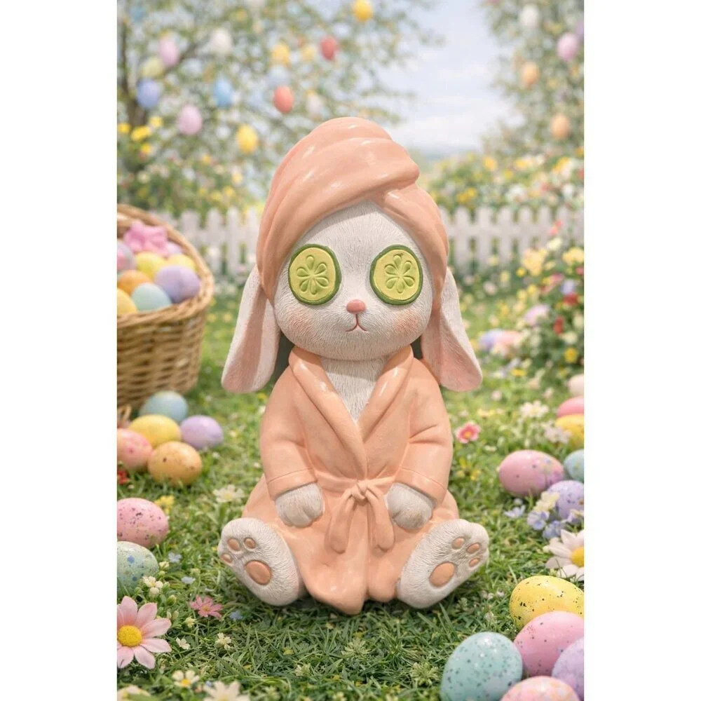 New Pink Easter Bunny W/ Cucumbers On Eyes Spa Day Funny Figurine Room Decor